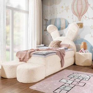 Łóżko kontynentalne Beti Plus 100x200 beżowe uroczy design unikatowy zagłówek w kształcie króliczka łózko z szafkami nocnymi i pufami