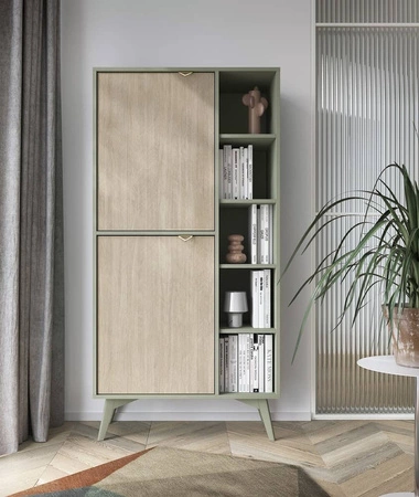 Regał Wald 80 cm eukaliptus / beż jodełka skandynawski design stabilne wysokie nogi regał z drzwiami do salonu gustowny wzór jodełki