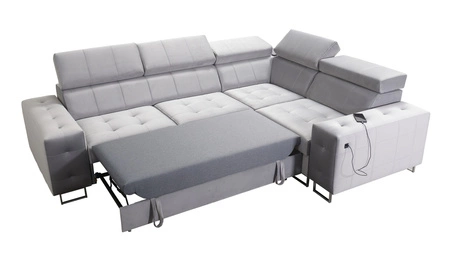 Narożnik z funkcją spania Hampton II morski prawostronny stylowy narożnik rozkładany miękka tkanina obiciowa typu velvet