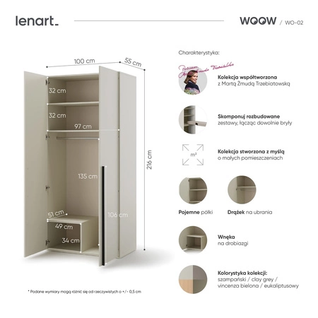 Szafa Woow 100 cm szampańska modna i pojemna szafa do pokoju nastolatków wyposażona w drążek na wieszaki funkcjonalny układ półek