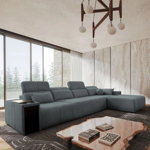 Narożnik z funkcją spania Tesalia XII szary prawostronny nowoczesny design komfortowe przesuwane oparcie szuflada w boczku mebla