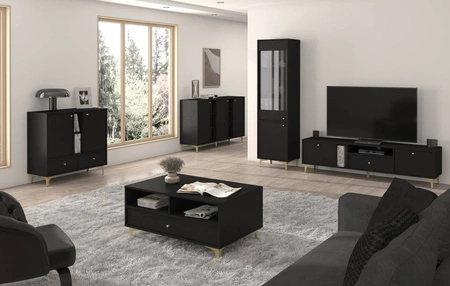 Komoda Kioto I 158 cm czarny grafit nowoczesny design subtelne uchwyty prosta forma wzbogacona o metalowe złote elementy