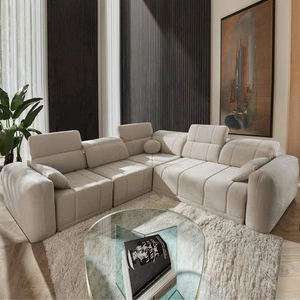 Narożnik z funkcją spania Cetara III beżowy lewostronny ergonomiczny narożnik z przesuwanym oparciem i regulowanymi zagłówkami