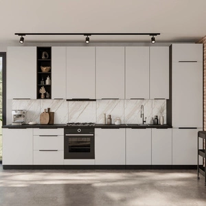 Zestaw mebli kuchennych Corato Bl 390 cm stylowe szafki kuchenne z frontami wykonanymi w technologii anti fingerprint metalowe uchwyty