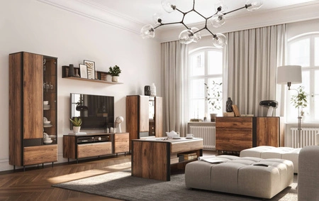 Komoda wysoka Borga 55 cm dąb catania / czarny modna komoda z szufladą do salonu lub pokoju dziennego nietuzinkowe frezowane fronty