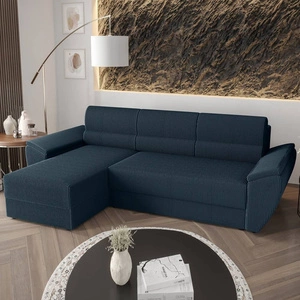 Narożnik z funkcją spania Fogu II niebieski lewostronny stylowy narożnik z komfortowymi podłokietnikami i pojemnikiem na pościel