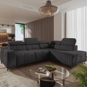 Narożnik z funkcją spania Castel VII grafitowy prawostronny stylowy narożnik z pojemnikiem na pościel i regulowanymi zagłówkami