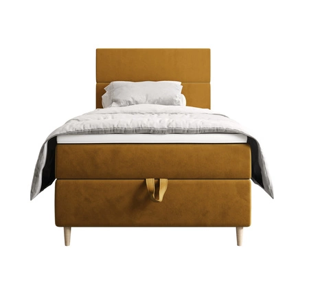 Łóżko kontynentalne Bing 90x200 musztardowe w nowoczesnym skandynawskim stylu z tapicerowanym zagłówkiem łóżko z pojemnikiem