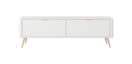 Szafka RTV Lante 163 cm biała designerska szafka pod telewizor w modnym stylu zaokrąglone krawędzie bryły gustowny ryflowany front