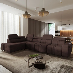 Narożnik z funkcją spania Castel XI brązowy lewostronny komfortowy narożnik z pojemnikiem na pościel wytrzymała tkanina