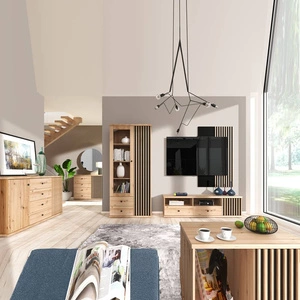 Zestaw mebli do salonu Cali dąb artisan / czarny meblościanka z ozdobnymi lamelami i czarnymi uchwytami