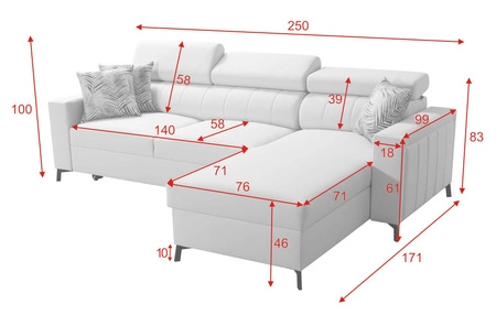 Narożnik z funkcją spania Savona grafitowy / biały prawostronny elegancki narożnik z regulowanymi zagłówkami dekoracyjne przeszycia