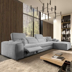 Narożnik z funkcją spania Viano XII Lux jasny szary prawostronny designerski narożnik do salonu z komfortowym wysuwanym podnóżkiem