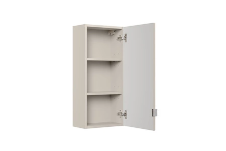 Zestaw mebli łazienkowych Bella beżowy minimalistyczny design elegancka frezowana ramka na frontach mebli uchwyty krawędziowe