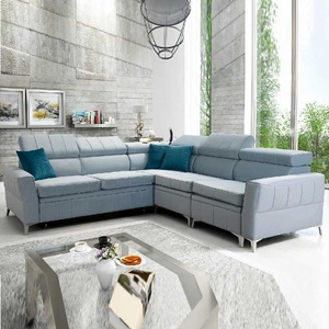 Narożnik z funkcją spania Rava IV błękitny prawostronny velvet komfort podczas codziennego wypoczynku pojemnik na pościel