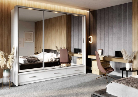 Szafa przesuwna z lustrem Arti 250 cm biała funkcjonalna szafa do przedpokoju z szufladami duże lustra podkreśla oświetlenie LED