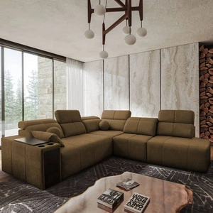 Narożnik z funkcją spania Tesalia IX brązowy prawostronny nowoczesny design komfortowe przesuwane oparcie szuflada w boczku mebla