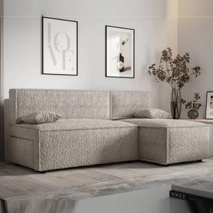 Narożnik z funkcją spania Brandon kremowy prawostronny miękka tkanina o charakterystycznej pętelkowej powierzchni pojemnik na pościel