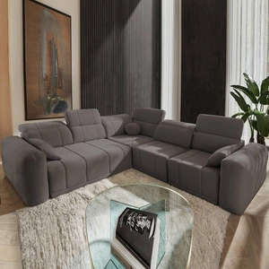 Narożnik z funkcją spania Cetara III szary brąz prawostronny ergonomiczny narożnik z przesuwanym oparciem i regulowanymi zagłówkami