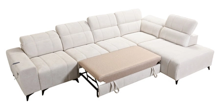 Narożnik z funkcją spania Penejos XI niebieski prawostronny wygodny narożnik z regulowanymi zagłówkami i dwoma pojemnikami na pościel