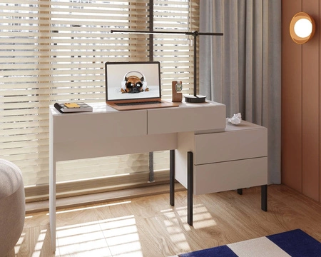 Biurko z komodą Jukon S 143 cm beżowe elegancka forma mebla w nowoczesnym stylu system otwierania push to open metalowe czarne nogi