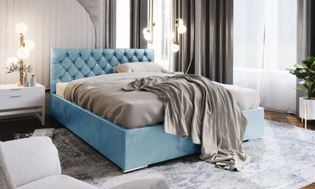 Łóżko tapicerowane Bauru 160x200 turkusowe z pojemnikiem w nowoczesnym skandynawskim stylu z pikowanym zagłówkiem z kryształkami