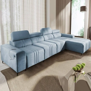 Narożnik z funkcją spania Castel XII błękitny prawostronny stylowy i wygodny narożnik do salonu funkcjonalne regulowane zagłówki