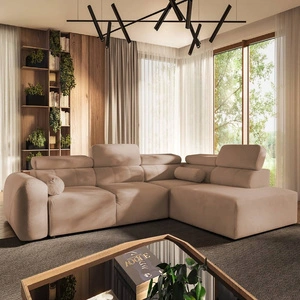 Narożnik z funkcją spania Cantare VII łososiowy prawostronny narożnik z pojemnikiem na pościel wykonany z trwałej tkaniny typu plusz