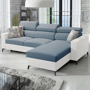 Narożnik z funkcją spania Savona błękitny / biały prawostronny elegancki narożnik z regulowanymi zagłówkami dekoracyjne przeszycia