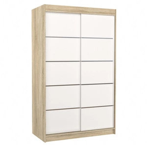 Szafa przesuwna Benisso 120 cm dąb sonoma jasny / biały praktyczna szafa do sypialni fronty wykończone poziomymi srebrnymi listwami