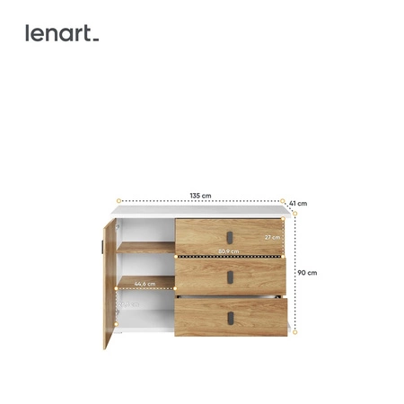 Komoda z szufladami Simi 135 cm biały / hikora naturalna nowoczesna komoda o ciekawym designie z metalowymi uchwytami