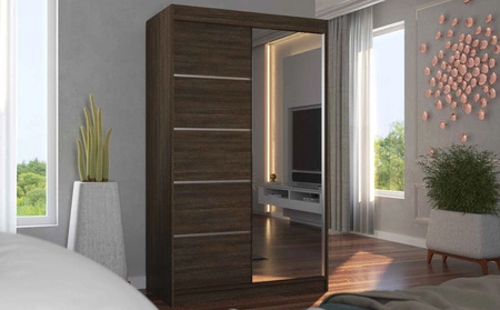 Szafa przesuwna z lustrem Nicea 120 cm dąb sonoma czekolada pojemna szafa do sypialni z ozdobnymi listwami ergonomiczny układ wnętrza
