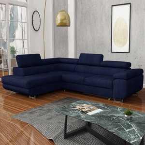 Narożnik z funkcją spania Ganta granatowy lewostronny nowoczesna tkanina welurowa gwarantuje najwyższy komfort i funkcjonalność