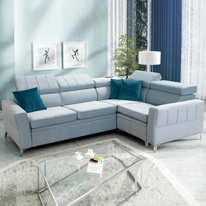 Narożnik z funkcją spania Rava II błękitny prawostronny velvet komfortowy narożnik z pojemnikiem na pościel wielofunkcyjna lampka