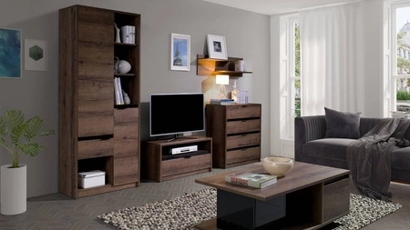 Szafka RTV Denver 90 cm dąb monastery / czarny połysk prosta konstrukcja szafka pod telewizor z szufladą minimalistyczny design