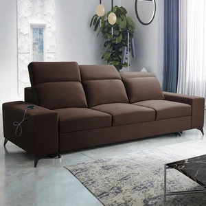 Sofa z funkcją spania Kelly brązowa stylowa sofa do salonu o prostym designie regulowane zagłówki welurowa tkanina