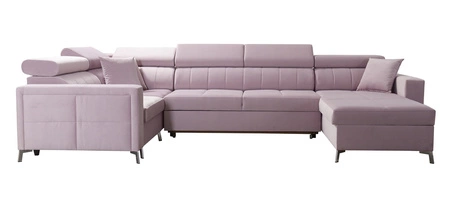 Narożnik z funkcją spania Nausa V granatowy prawostronny elegancki narożnik do salonu wykonany z miękkiej tkaniny typu velvet