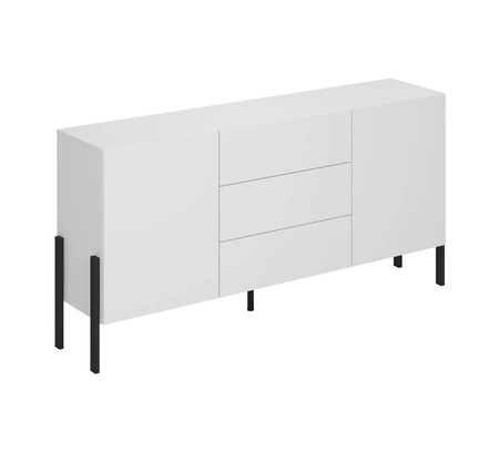 Komoda z szufladami Jukon 184 cm biała elegancka forma mebla w nowoczesnym stylu system otwierania push to open metalowe czarne nogi