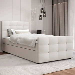 Łóżko kontynentalne Kansas 90x200 beżowe w nowoczesnym skandynawskim stylu z tapicerowanym zagłówkiem oraz zanóżkiem