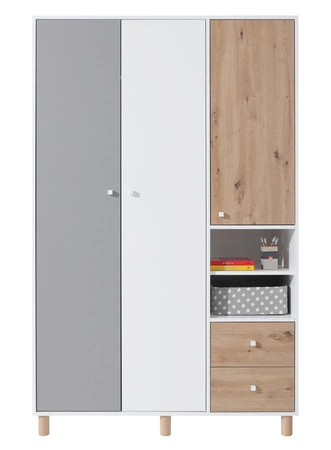 Zestaw mebli Beja biały / dąb artisan / szary idealna propozycja do pokoju młodzieżowego lub dziecięcego w modnym stylu