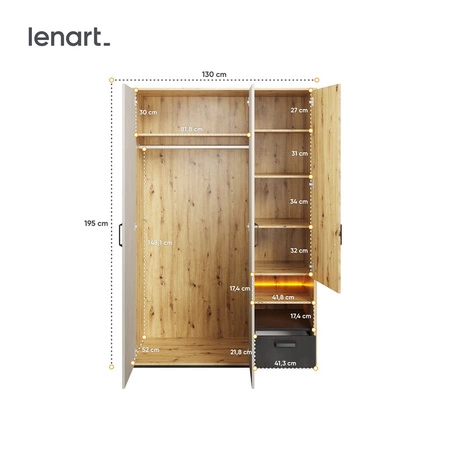 Szafa Qubic 130 cm dąb artisan / raw steel / silk flou pojemna szafa z ciekawym układem funkcjonalnym i oświetleniem ledowym