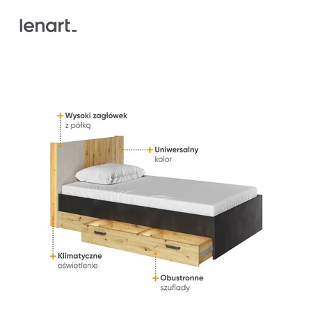 Łóżko Qubic 120x200 cm dąb artisan / raw steel / silk flou komfortowe łóżko z obustronnymi szufladami stabilny stelaż pod materac