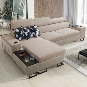 Narożnik z funkcją spania Flavio beżowy lewostronny elegancki narożnik z dostawką otwierany barek w boczku mebla