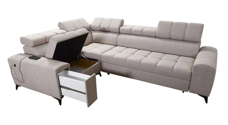 Narożnik z funkcją spania Bolmso II grafitowy lewostronny narożnik z pojemnikiem na pościel szuflada z pełnym wysuwem w boczku mebla