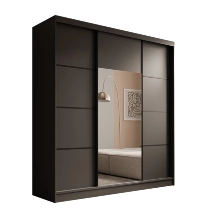 Szafa przesuwna z lustrem Keri 200 cm czarna funkcjonalna szafa do nowoczesnego wnętrza dekoracyjne poziome listwy wewnętrzne szuflady