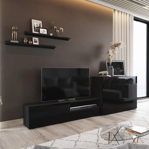 Meblościanka Aliartos czarna / czarny połysk nowoczesny design system otwierania drzwi i szuflad push to open zestaw mebli z komodą