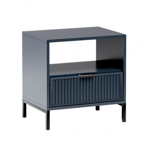 Szafka nocna Linka indigo elegancka szafka z szufladą do sypialni osadzona na metalowej podstawie gustowny ryflowany front