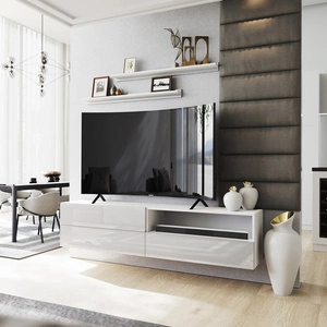 Szafka RTV wisząca Neo 172 cm biała / biały połysk z półkami stylowy design szafki pod telewizor z frontami na wysoki połysk