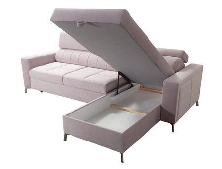 Narożnik z funkcją spania Nausa pudrowy róż prawostronny velvet stylowy komfortowy narożnik regulowane zagłówki pojemnik na pościel