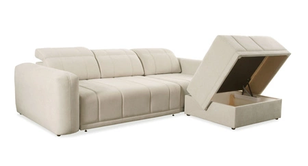 Narożnik z funkcją spania Cetara brązowy prawostronny stylowy design komfortowe przesuwane oparcia regulowane zagłówki